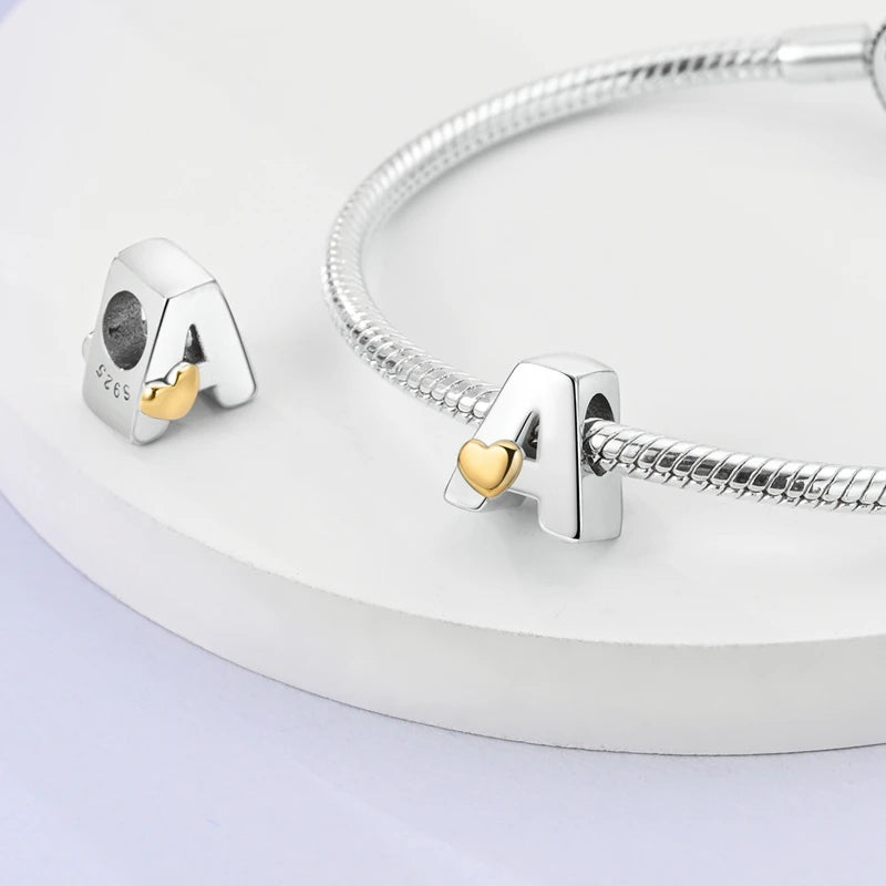 925 Sterling Silver Alphabet Charm Bracelet Gold Heart