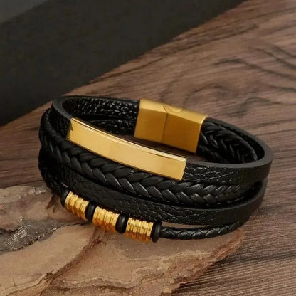 Multi-Layered PU Leather Men's Bracelet With Magnetic Closure And Gold Metal Tube Charm