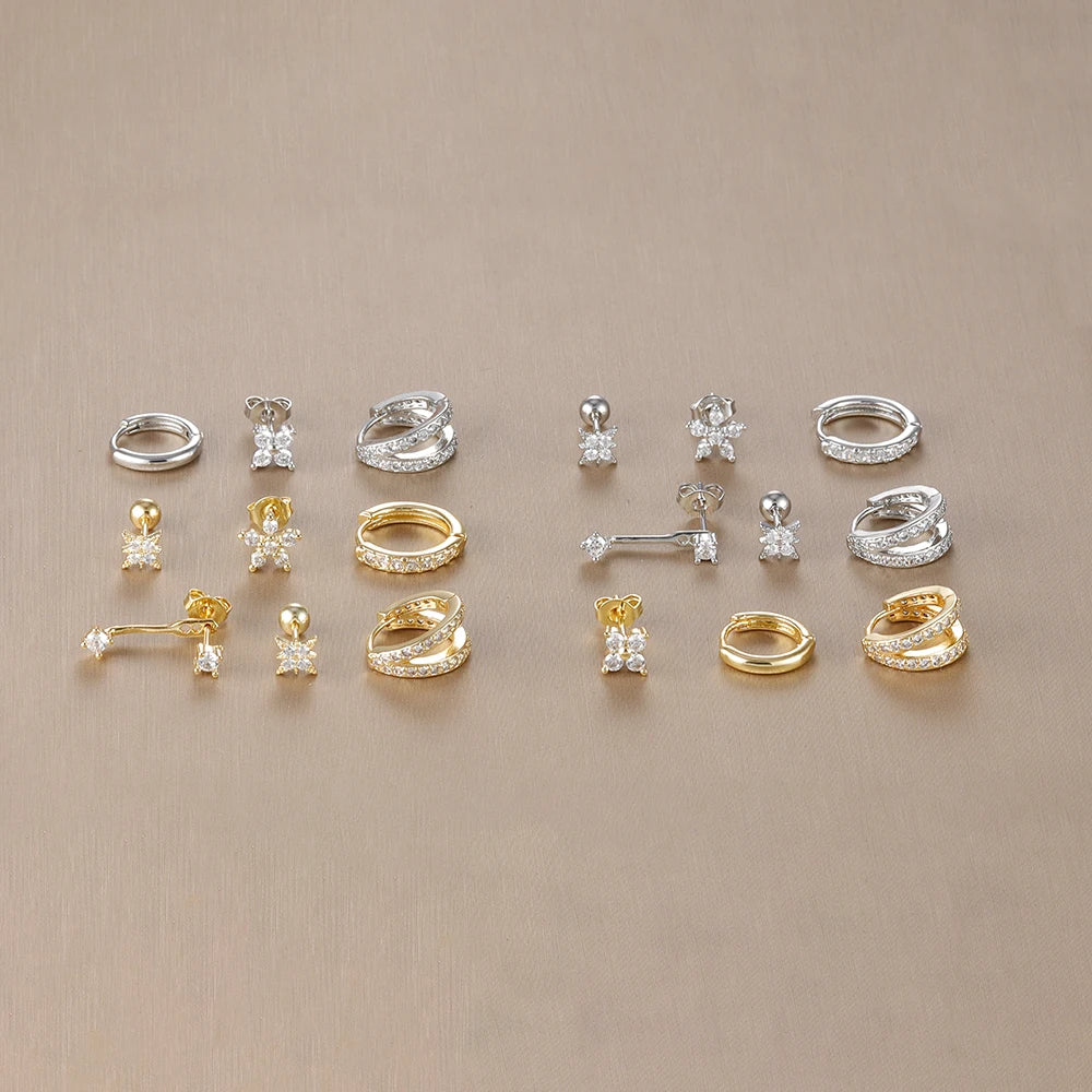 3PCS 18K Gold Plated Stainless Steel Zircon Flower Hoop Earrings Set for Women Trendy Wedding Jewelry
