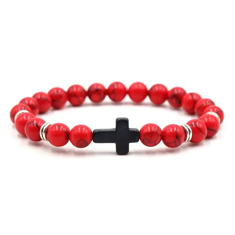 Men's Hematite Cross Bracelet with Natural Stone and Wood Beads for Meditation and Yoga Red