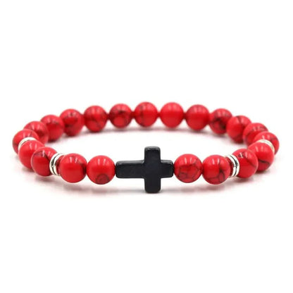 Men's Hematite Cross Bracelet with Natural Stone and Wood Beads for Meditation and Yoga Red