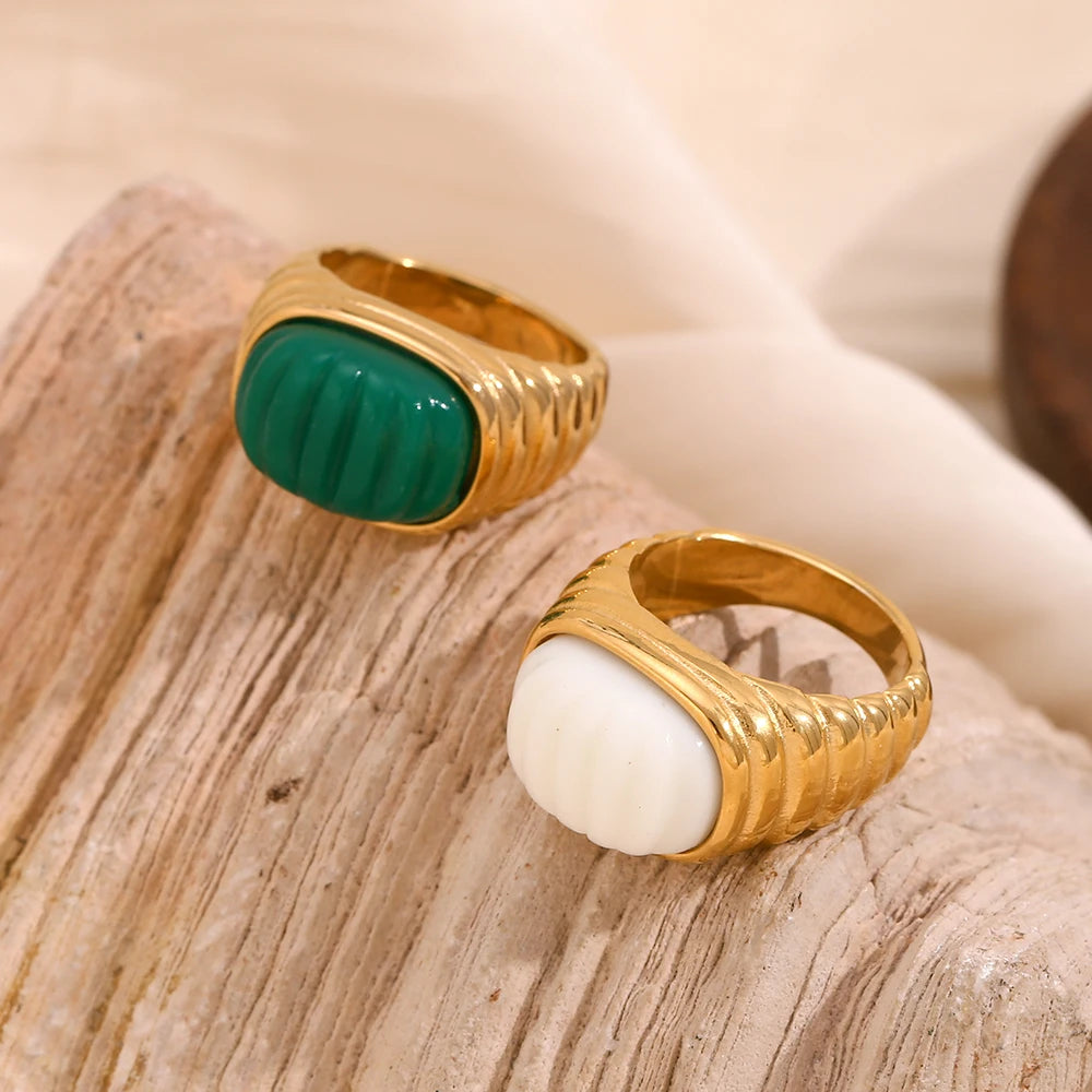 Elegant Square Acrylic Cabochon Ring with Tarnish-Free Stainless Steel and 18K Gold Plating for Fashionable Women