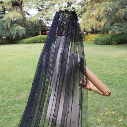 Pearls Bridal Veil Soft 1 Tier Beaded Wedding Veil Cathedral Length with Comb Elegant Wedding Accessories