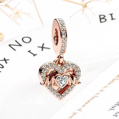 Rose Gold Winged Angel Heart Charm Bead Pink Daisy Spacer