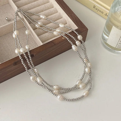 100 Percent Natural Baroque Freshwater Pearl Trendy Stainless Steel Three Layer Chains Necklace for Women Gifts