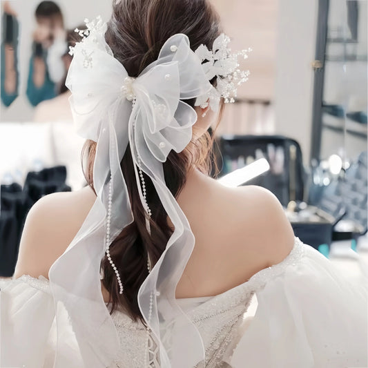 Elegant Pearl Mesh Bow Hair Clips for Women Bridal Wedding Accessories