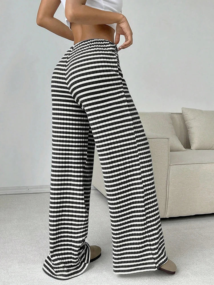 Y2K Striped Printed Long Pants Women Lace Up Straight Leg