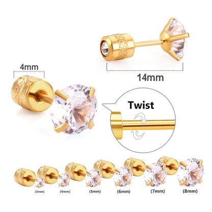 LUXUSTEEL Men's Crystal Zircon Stud Earrings 316L Stainless Steel Anti Allergic Cartilage Piercing 3-8mm