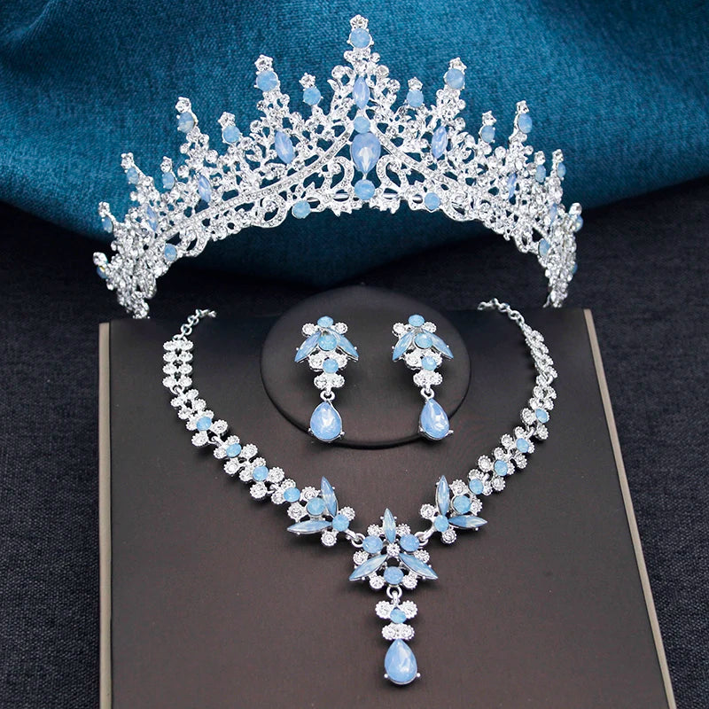 Elegant Silver Opal Blue Wedding Crown Jewelry Set for Women - Princess Tiaras, Earrings, and Necklace for Prom Gifts