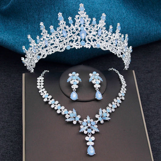 Elegant Silver Opal Blue Wedding Crown Jewelry Set for Women - Princess Tiaras, Earrings, and Necklace for Prom Gifts