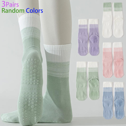 3 Pairs Cotton Anti Slip Mid Calf Yoga Socks For Women