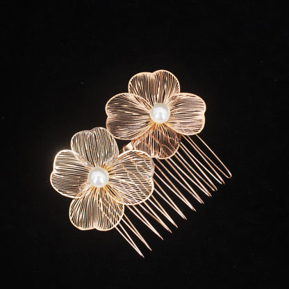 Bridal Bliss Flower Pearl Hair Comb Pins - 2PCS Wedding Accessories Flower A Gold