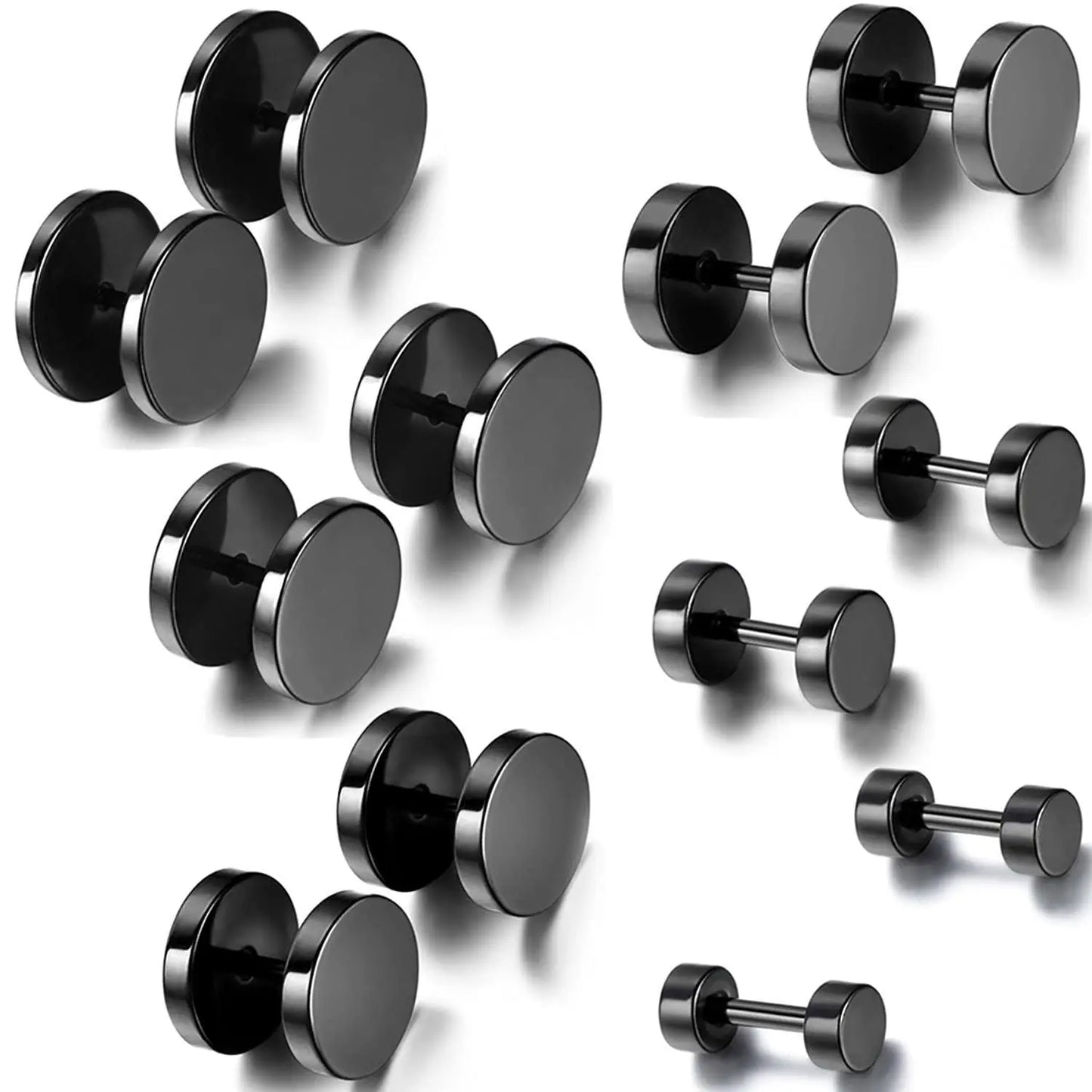 6 Pairs Stainless Steel Black Stud Earrings for Men and Women Faux Gauge Tunnel Designs 3-8mm