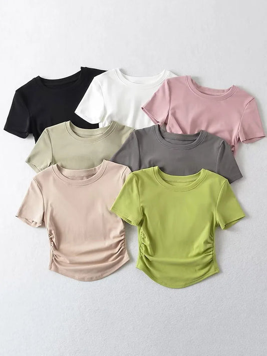 Harajuku 2024 Womens Crew Neck Ruched Side Cotton Tee