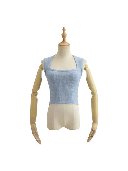 Dozw Elastic Knit Crop Top For Women Solid Summer Sleeveless