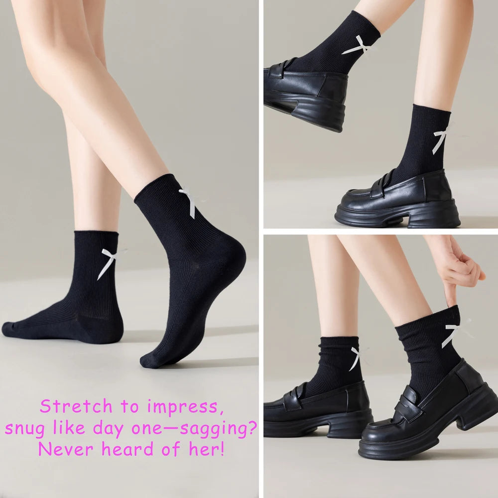 3 Pairs Black White Ballet Bow Crew Breathable Socks