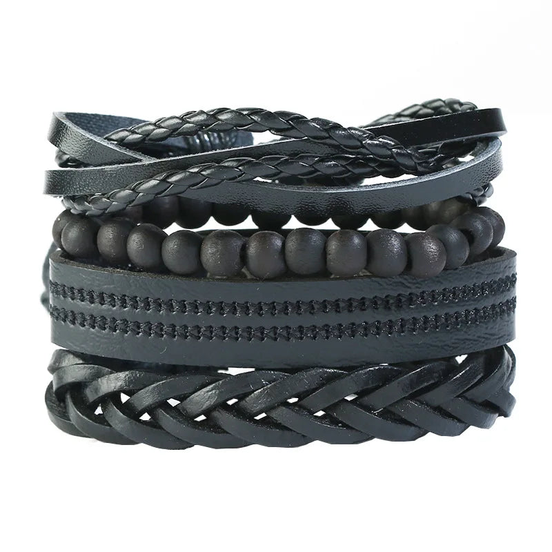 ZORCVENS Men's Handmade Braided Leather Bracelet Set - Vintage Black Punk Fashion Gift