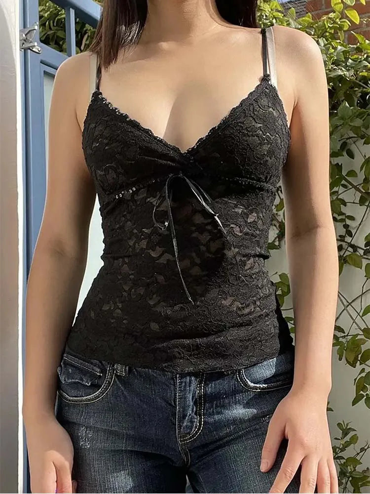 Black Lace Cami Crop Top For Women See Through V Neck Y2K