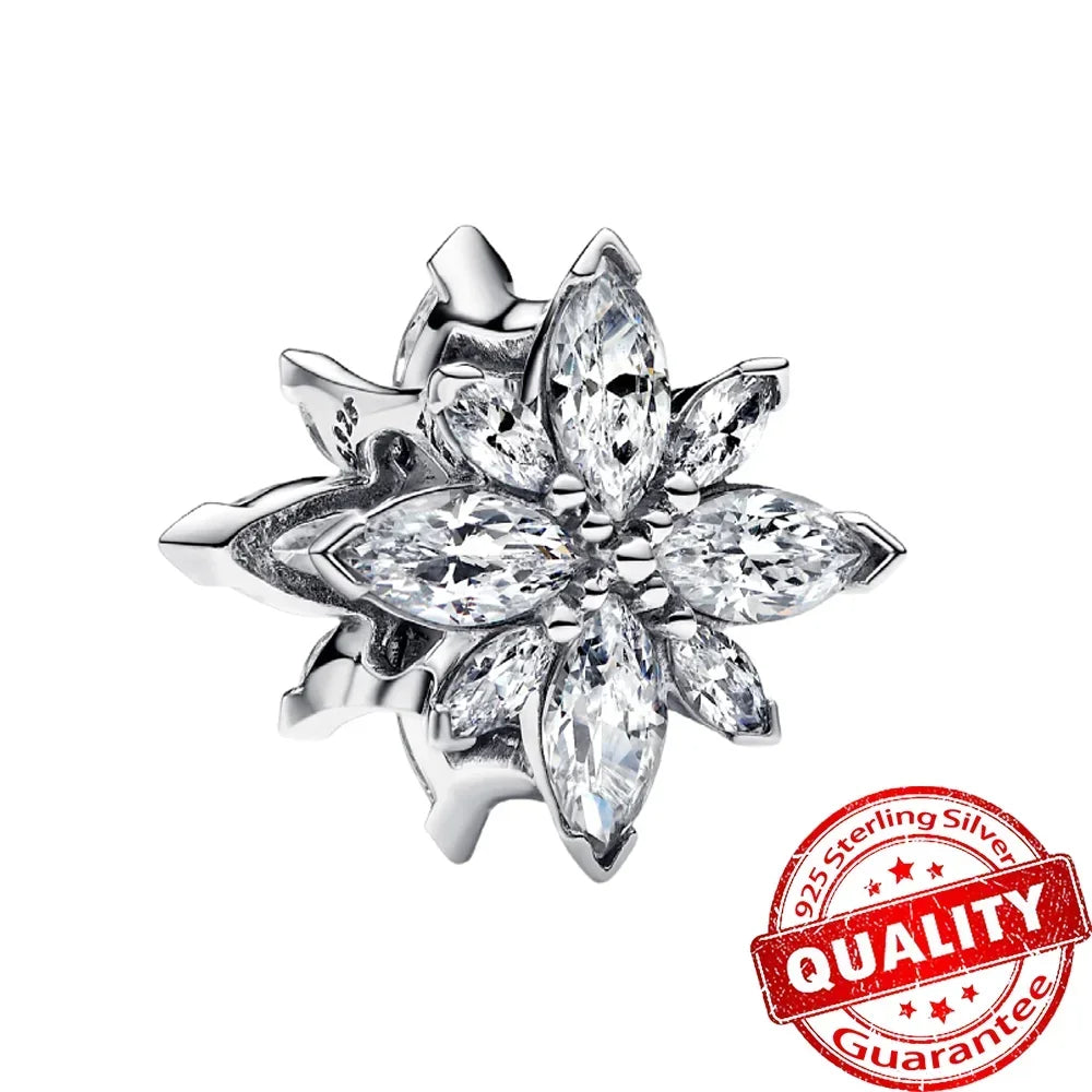Sterling Silver 925 Skiing Penguin Charm with Geometric Snowflake Beads for Bracelets and Necklaces DIY Jewelry Gift