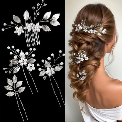 Elegant Pearl Flower Wedding Hairpin Comb Set for Brides