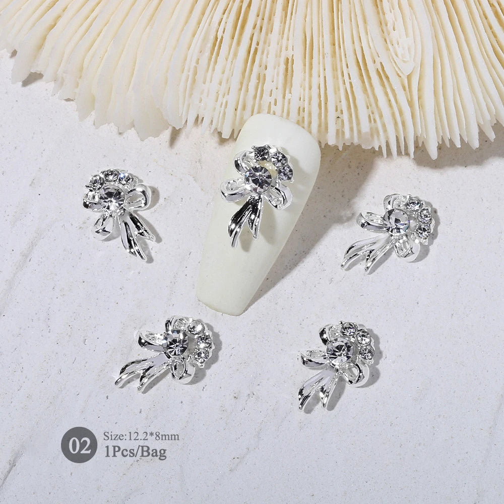Elegant Gold Silver Metal Bowknot Nail Charm 3D Rhinestone Decor for DIY Manicure Art