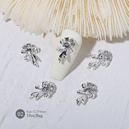 Elegant Gold Silver Metal Bowknot Nail Charm 3D Rhinestone Decor for DIY Manicure Art