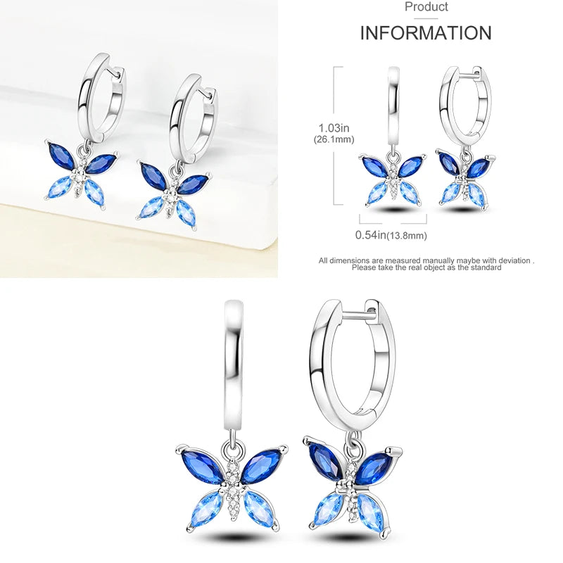 Blue Zircon 925 Sterling Silver Hoop Earrings Star Moon Butterfly Jewelry