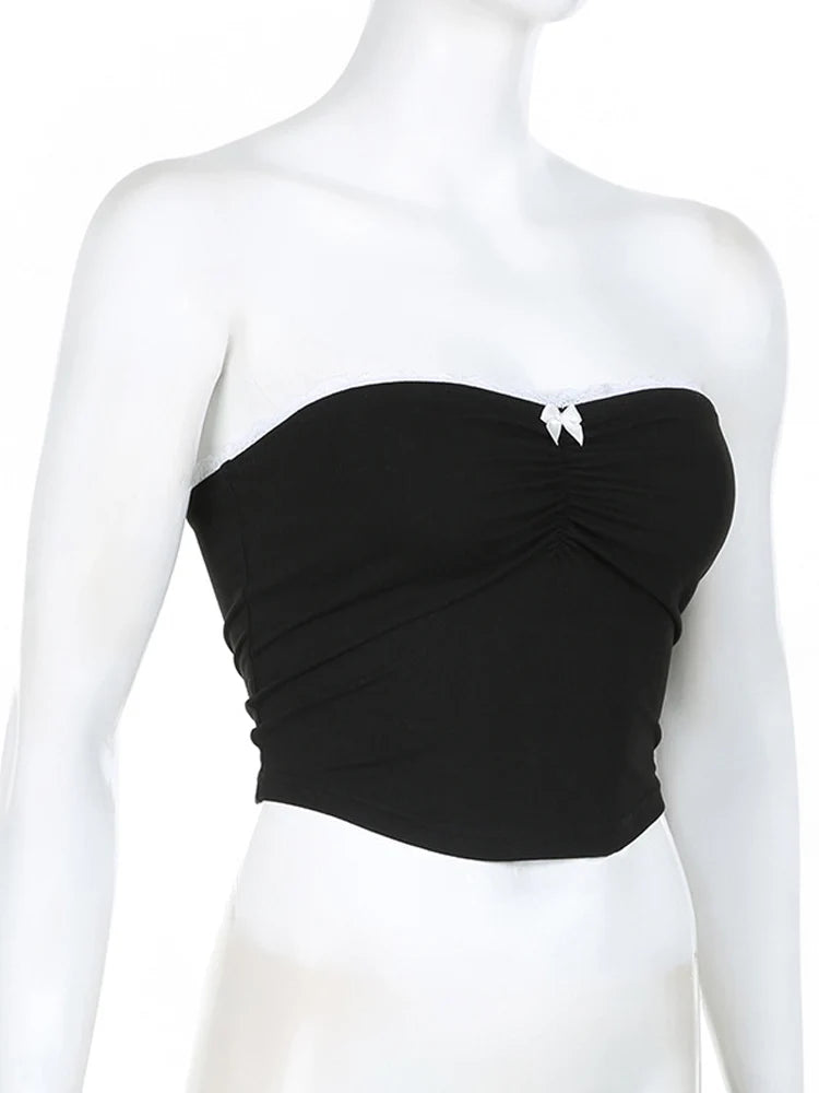 Dozw Women Harajuku Tube Top Bow Detail Cropped Chic