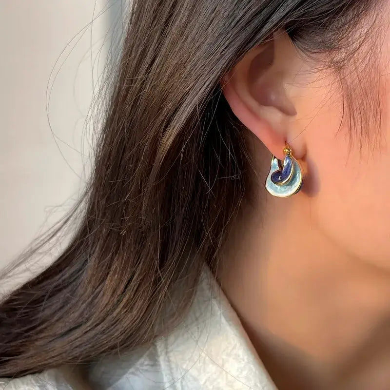 New Trendy Enamel Blue Metal Small Hoop Earrings for Women e1709lan