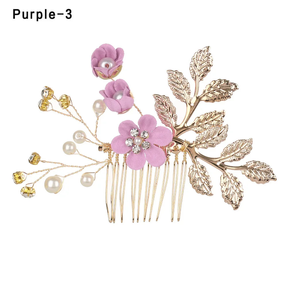 Luxury Crystal Crown Hair Combs - Elegant Bridal Clips with Leaf Design purple 3