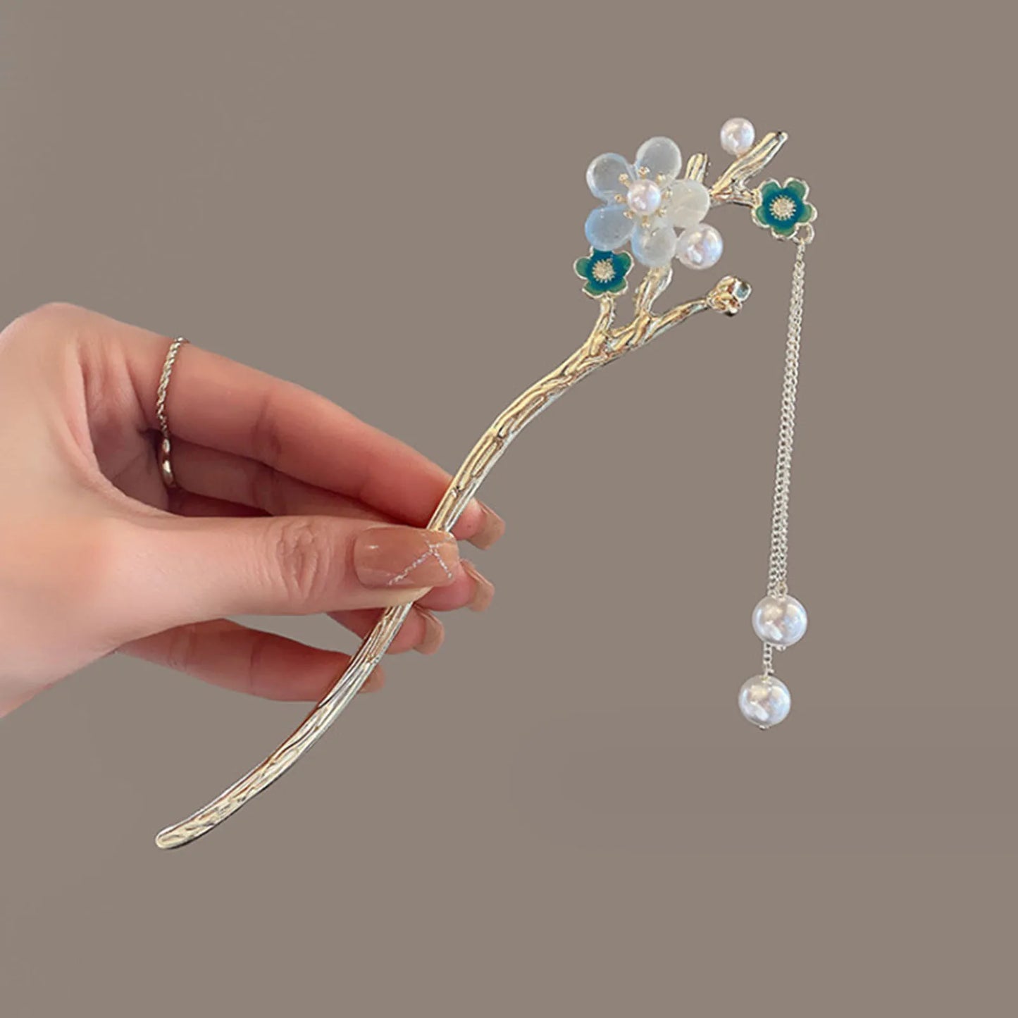 Elegant Gold Red Floral Pearl Long Tassel Hairpins Bridal Chinese Wedding Headpiece