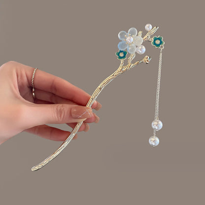 Elegant Gold Red Floral Pearl Long Tassel Hairpins Bridal Chinese Wedding Headpiece