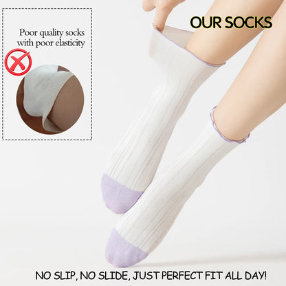 6 Pairs Lace Trim Cotton Mid Crew Antibacterial Socks