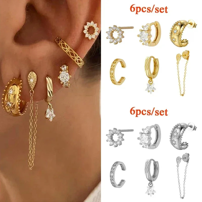 Crmya Gold Plated Women's Earrings Set with Vintage CZ Zircon Drop and Stud Hoops