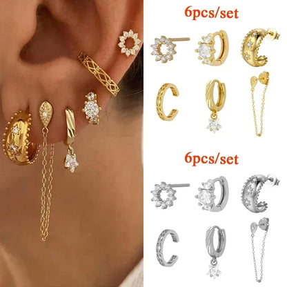 Crmya Gold Plated Women's Earrings Set with Vintage CZ Zircon Drop and Stud Hoops