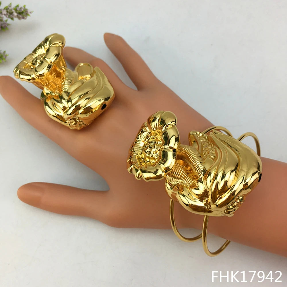 Elegant Gold-Plated Brazilian Jewelry Set for Women with Earrings, Ring, and Bracelet