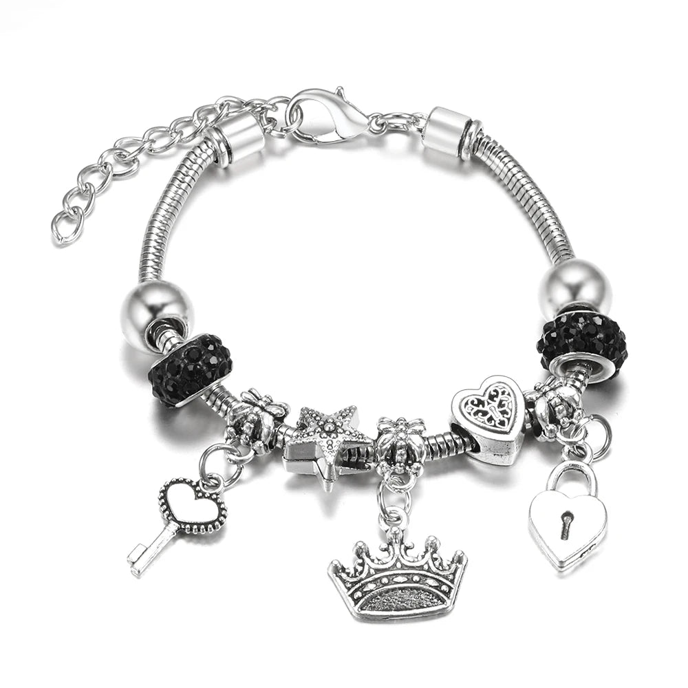 Elegant Heart Lock Charm Beaded Bangle Adjustable Snake Chain Bracelet for Women