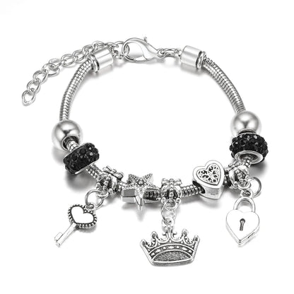 Elegant Heart Lock Charm Beaded Bangle Adjustable Snake Chain Bracelet for Women