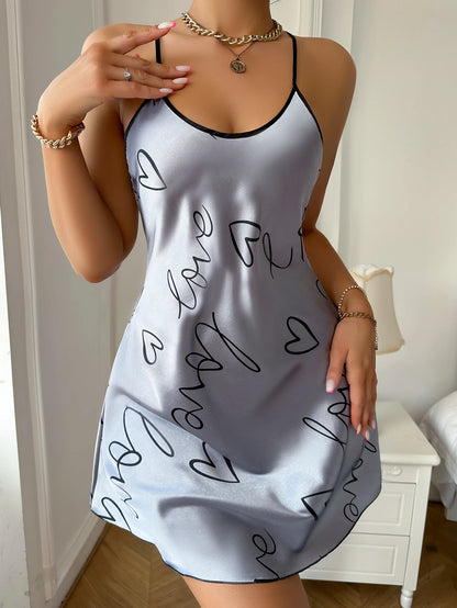 Heart Letter Print Nightdress Casual Round Neck Sleep Dress