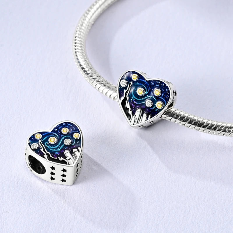 925 Sterling Silver Love Starry Sky Cat Paw Charms Beads