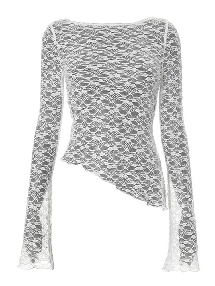 2025 Spring Summer Women Lace Slant Hem Long Sleeve Top