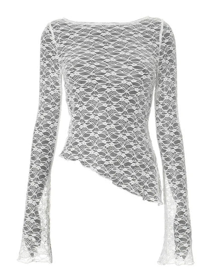 2025 Spring Summer Women Lace Slant Hem Long Sleeve Top