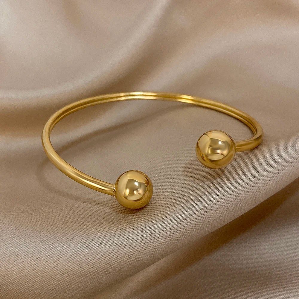 Greatera Gold Plated Minimalist Double Ball Stainless Steel Women's Cuff Bracelet