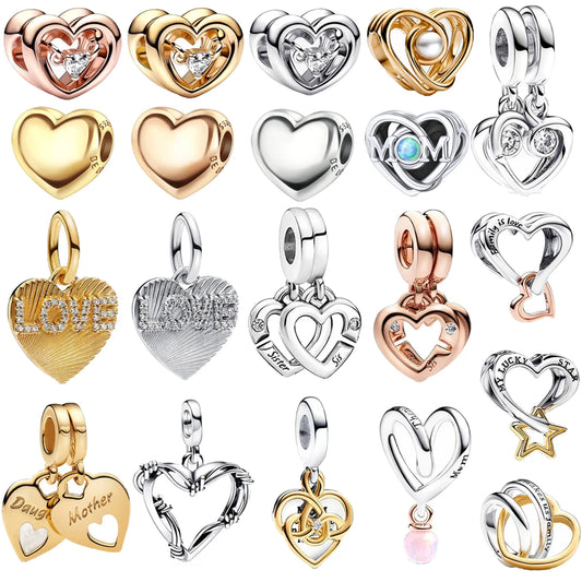 925 Sterling Silver Golden Heart Star Beads Charms for DIY Bracelet and Necklace Gift for Women Mother and Sister