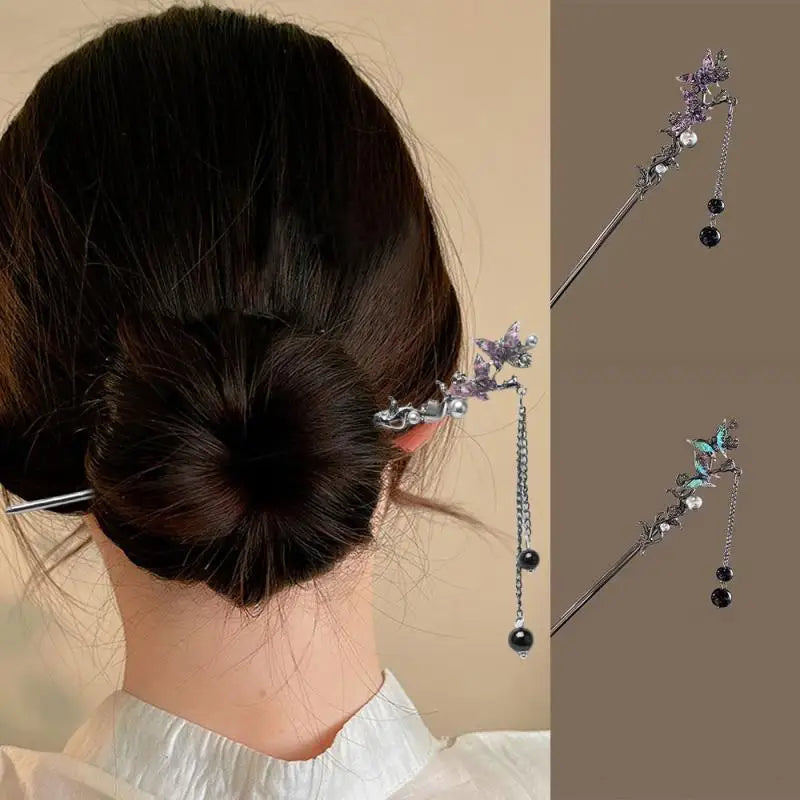 Elegant Double Butterfly Tassel Hairpin with Black Beads Fringe for Women Hanfu Style