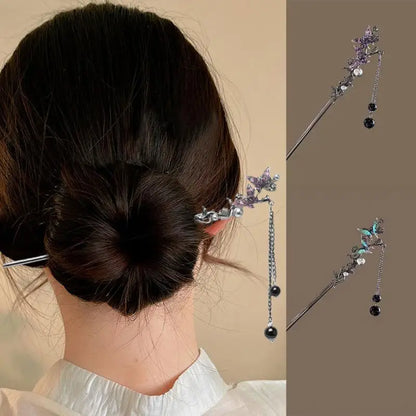 Elegant Double Butterfly Tassel Hairpin with Black Beads Fringe for Women Hanfu Style