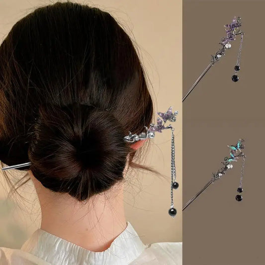 Elegant Double Butterfly Tassel Hairpin with Black Beads Fringe for Women Hanfu Style