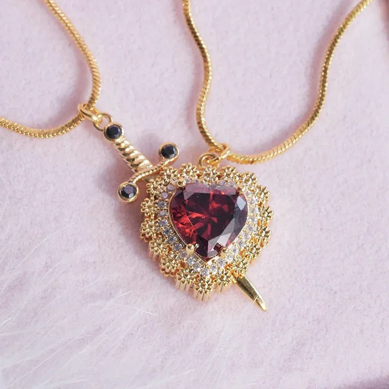 Assembled Heart and Sword Zircon Pendant Necklace Set for Couples Silver Gold Plated Choker Jewelry Gifts