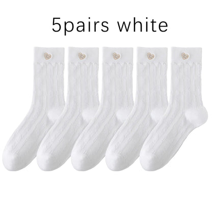 Kawaii Japanese Embroidered Cotton Mid Calf Socks 5 Pairs
