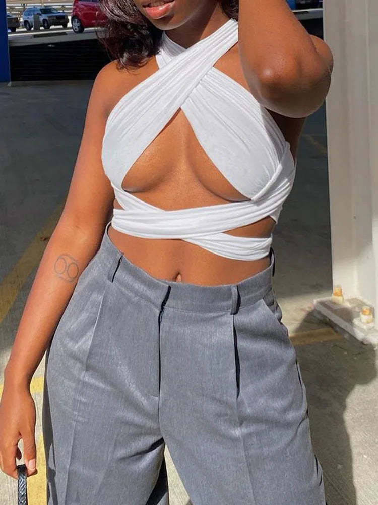 Women Cross Over Strappy Halter Crop Top Backless Wrap Vest